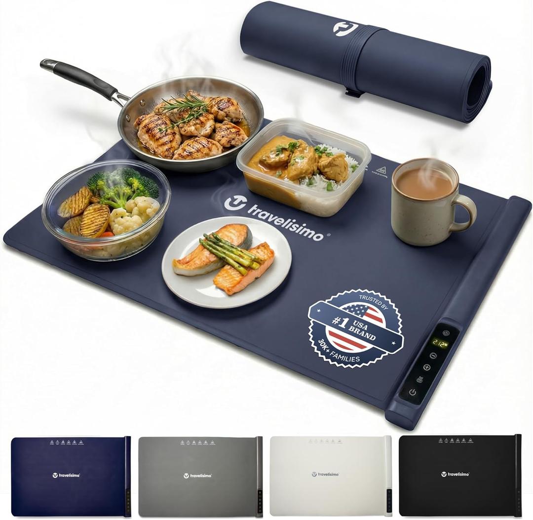 TRAVELISIMO Warming Mat for Food, 24x16in Warming Trays For Buffets Party & Family Dinners - Food Warming Mat keeps Meals Warm & ready to Serve, Electric Warming Tray With Elegant Design For any Table (Dark Blue)