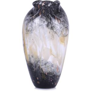 Murano Style Glass Vase, Hand Blown Decorative Art Vase with Ruffled Opening for Flowers, Shelf Tabletop Mantel Display, Abstract Home Decor for Living Room Bedroom (11.8in, Blakc)