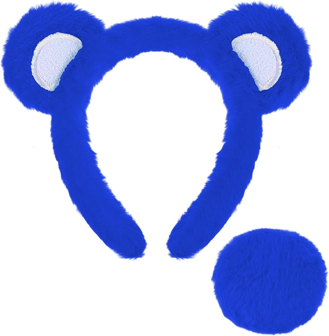 Toulite Bear Ears Headband and Tail Set Halloween Bear Costume Cosplay Accessories Women Animal Ear Headwear for Party (Royal Blue)