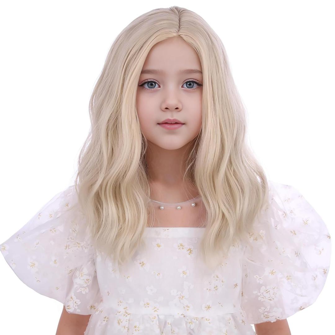 Kids Short Light Blonde Curly Wig - Side Part, Heat Resistant, Synthetic with Wig Cap