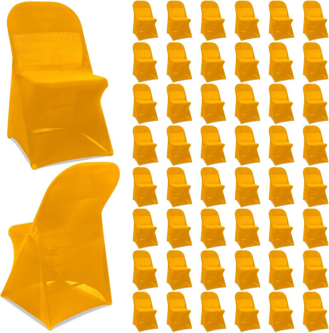Newwiee Spandex Chair Covers Bulk - Stretch Folding Flat Front Fitted Universal Chair Protector Pack Removable Washable for Wedding Party Dining Banquet Event(Gold,50 Pcs)