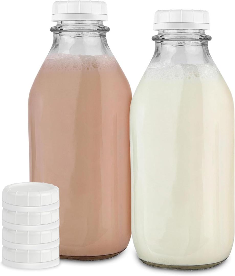 Stock Your Home Liter Glass Milk Bottles (2 Pack) - 32-Oz Milk Jars with Lids - Food Grade Glass Bottles - Dishwasher Safe - Bottles for Milk, Buttermilk, Honey, Maple Syrup, Jam, BBQ Sauce