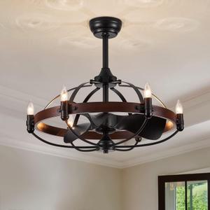 27-Inch Brown Walnut Farmhouse Style Chandelier Ceiling Fan with Light and Remote Control, Bladeless Motor for Bedroom, Kitchen, Living Room, Dining Room
