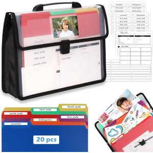 School Years Organizer Kit Clear Plastic Storage Tote with 20 Letter Size Colored Manila Folders 60 Reusable Sticker Labels School Memory Keepsake Box for Pre K to 12th Grade DIY Organization