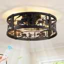 Farmhouse Rustic Caged Ceiling Fan with Light Flush Mount, Black Chandelier Low Profile Ceiling Fans with Lights and Remote, Bear and Deer Design Fandelier for Bedroom, Living Room, Kids Room, Cabin