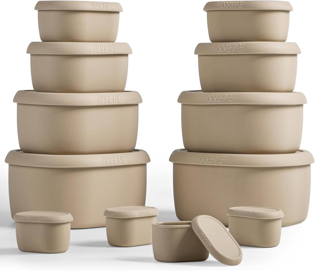 ISSEVE 12Pcs/Set Nesting Silicone Food Storage Containers with Lids, BPA Free Reusable Meal Prep Silicone Containers Airtight, Freezer Dishwasher Safe (33.8oz, 20oz, 10oz, 6.7oz, 1.3oz) (Beige)