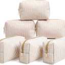 Sanwuta 6 Pcs Seersucker Cosmetic Bags Bulk Seersucker Makeup Bags Stripe Women Pouch Large Preppy Storage Pouch Toiletry Travel Organizer for Wedding Bridesmaid Bride Favor Mom Gift (Khaki)