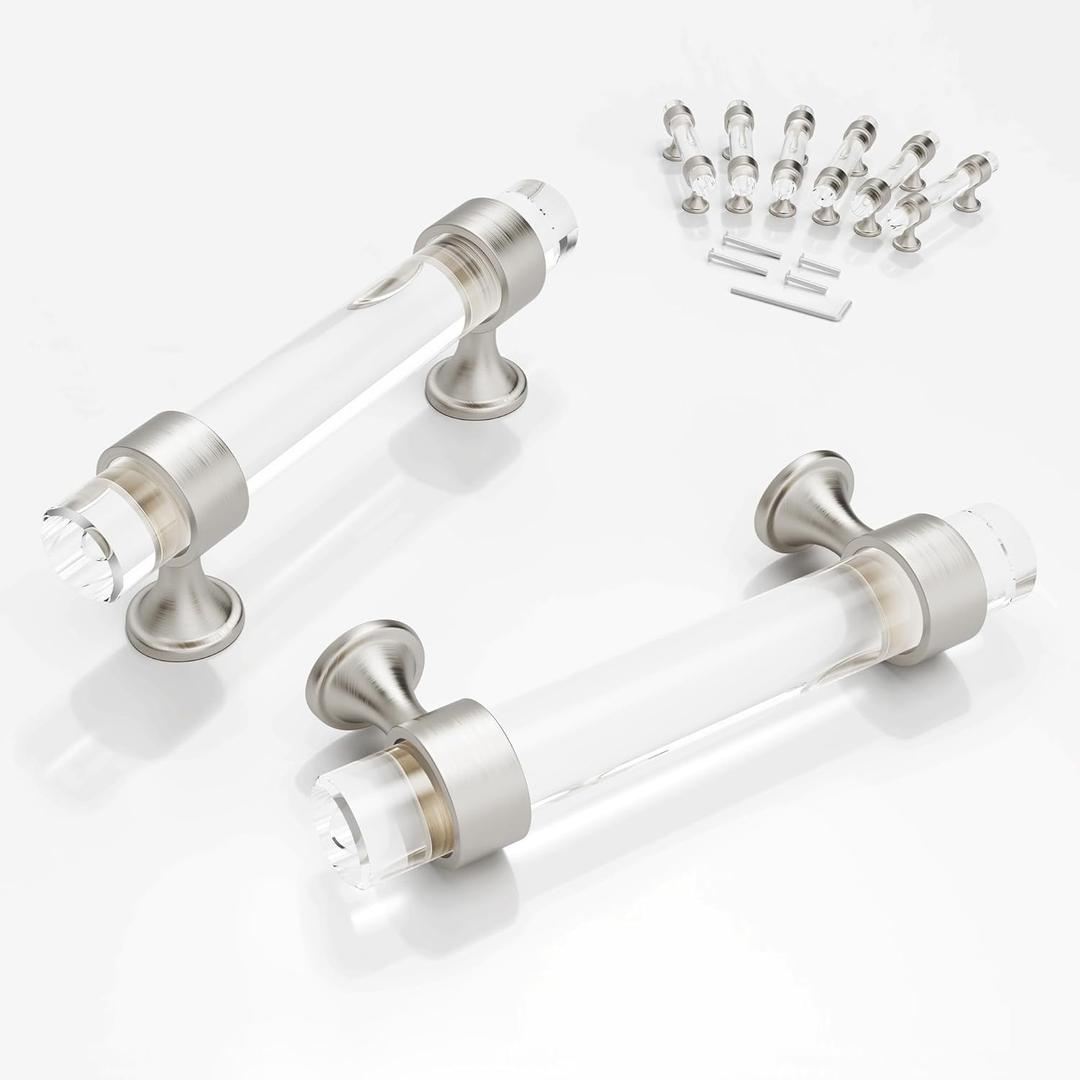 6 Pack 3 Inch Clear Glass Cabinet Handles and Pulls for Dresser and Drawers, Kitchen Bathroom Bedroom Brushed Nickel Pull Door Handle Distance Glass Crystal Knobs 76mm