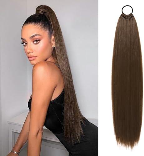 FLUFYMOOZ 28 Inch Ponytail Extension, Versatile Elastic Band Ponytail Extension for Women, Long Straight Synthetic Ponytail Daily Hair Chocolate Brown