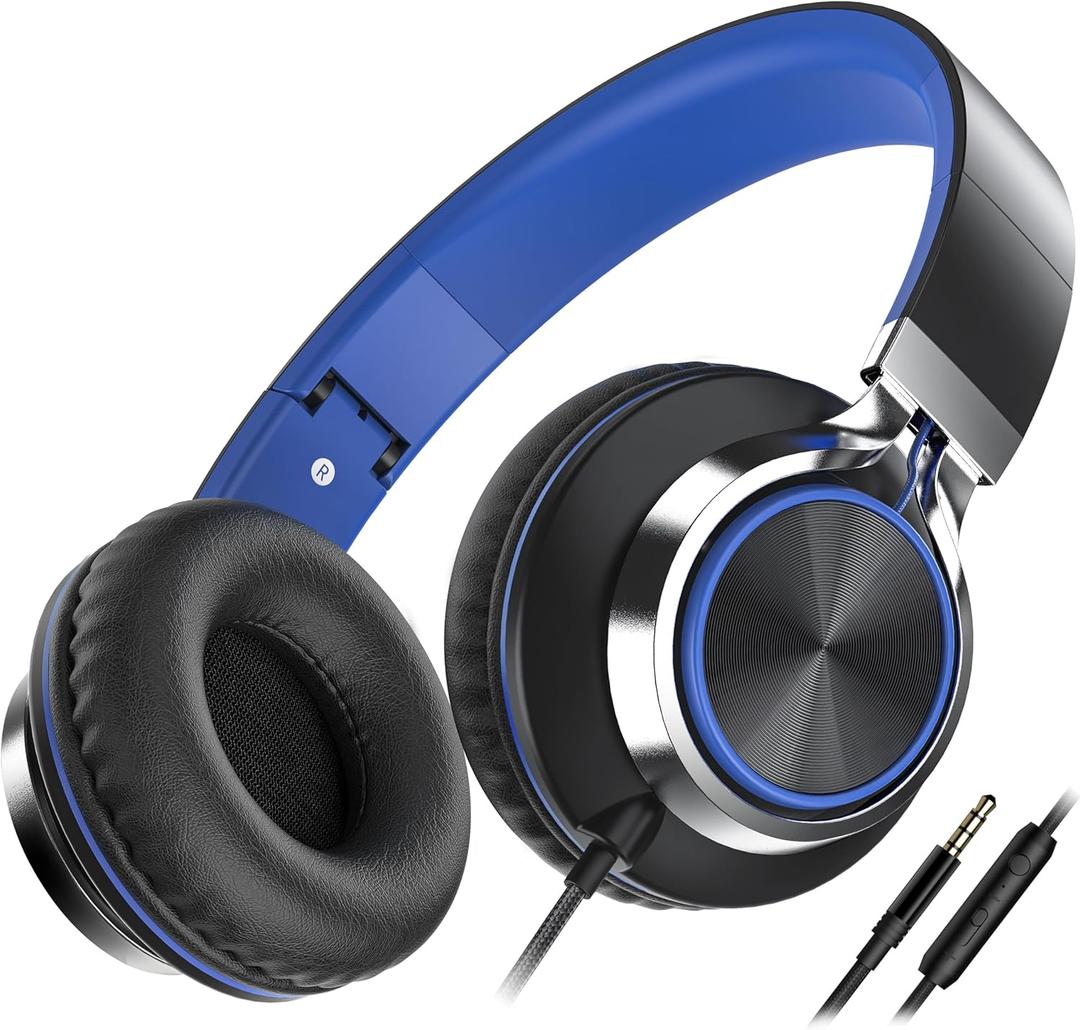 AILIHEN C8 Headphones Wired, On-Ear Headphones with Microphone and Volume Control Foldable Corded Stereo 3.5mm Headset for Smartphones Chromebook Laptop Computer PC Tablets Travel(Black/Blue)