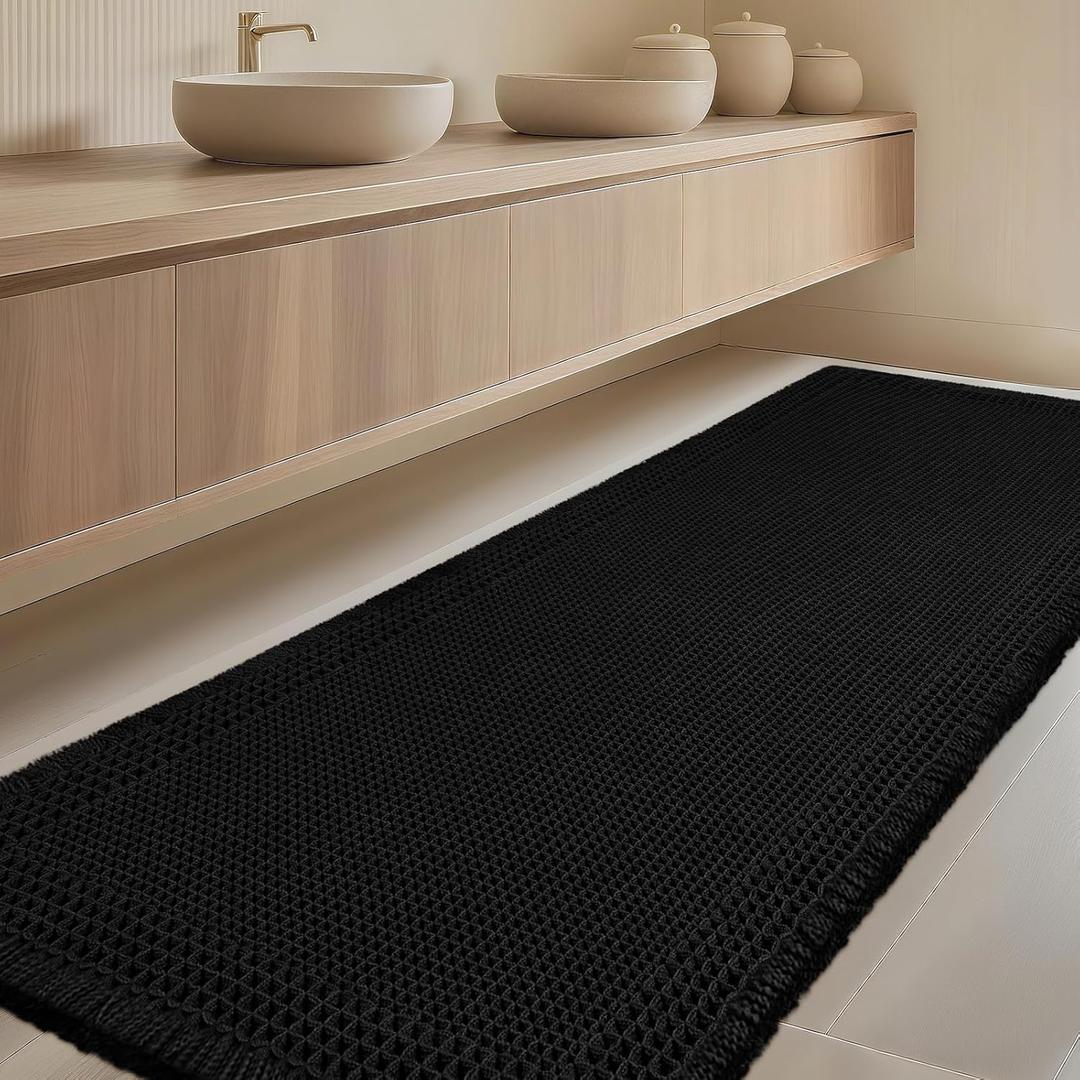 IM HOME Extra Large Waffle Bath Mat, Boho Bathroom Rugs Absorbent Non Slip, Ultra Soft Bathroom Mat, Machine Washable Knit Bath Rugs with Border for Bathroom, Bedroom, Kitchen, Shower, 5'x2', Black