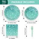 96 Pcs Teal and Silver Tableware Set for 24 Guests Happy Birthday Table Decorations Breakfast Blue Birthday Theme Dessert Plates Napkins Forks for Girls Women Silver Glitter Party Supplies