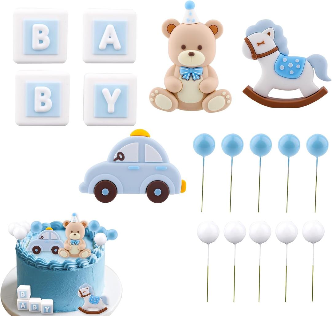 Blue Bear Cake Decoration, Cake Topper Set Baby Shower and Birthday Decorations with Bear Rocking Horse Car Letter Block Balloons for Party Decor