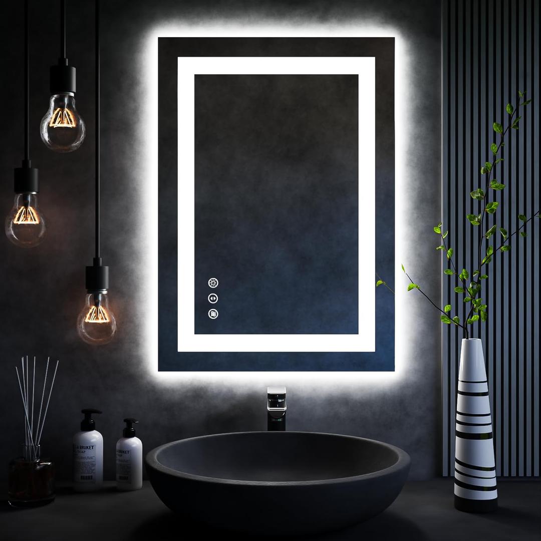 ISKM 20'' x 28'' LED Mirror for Bathroom Lighted Vanity Mirror for Wall Front Lights + Backlit LED Bathroom Mirror Anti-Fog Tempered Glass ETL Listed