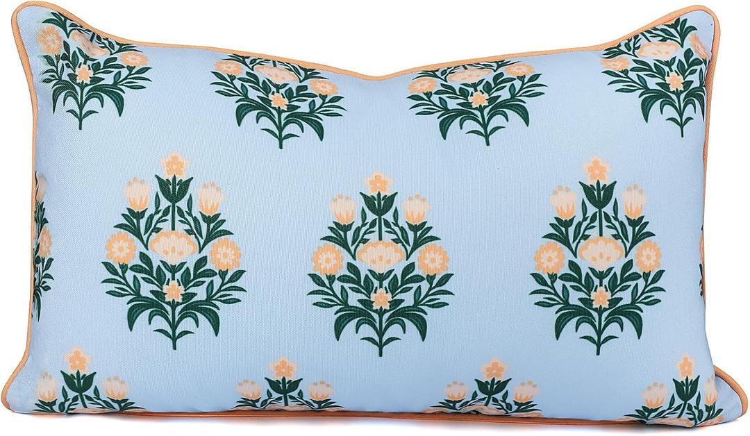 Coastal Indoor Outdoor Lumbar Pillow Cover ONLY, 12"x20" Water Repellent for Couch, Patio, Backyard, Baby Blue Orange Floral with Piping