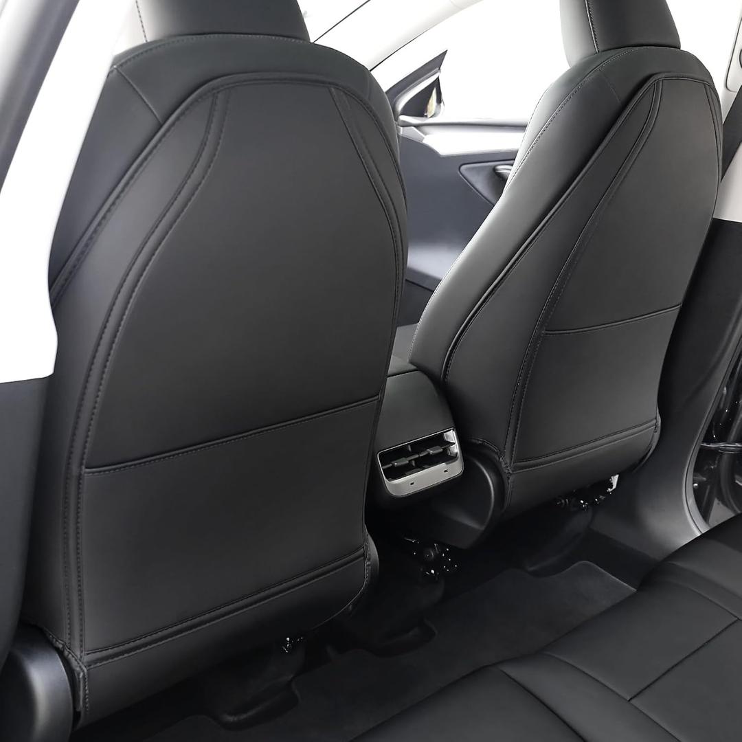 2024 2025 Upgrade Seat Back Protector for Tesla Model Y/3/X/S Accessories Leather Material Car Kick Mats Organizer Pocket Waterproof Scratch Protection Set of 2 (Black)
