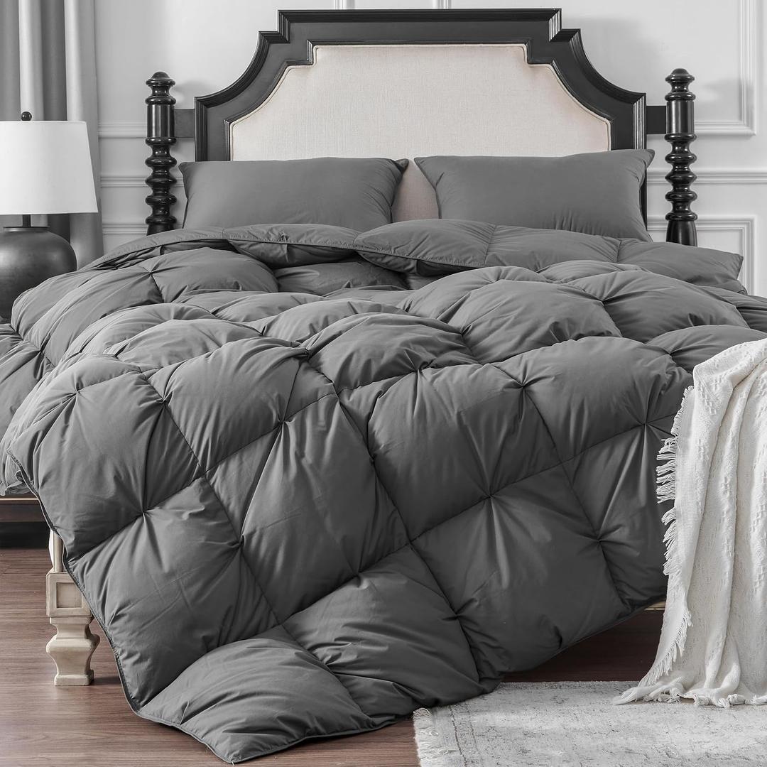 KAKABELL Pinch Pleat Goose Down Feathers Fiber Comforter King Size All Season-Ultra Soft and Cozy Noiseless Duvet Insert with Egyptian Cotton Blend Cover,Fluffy Warm Comforter Insert(Grey,90"X106")
