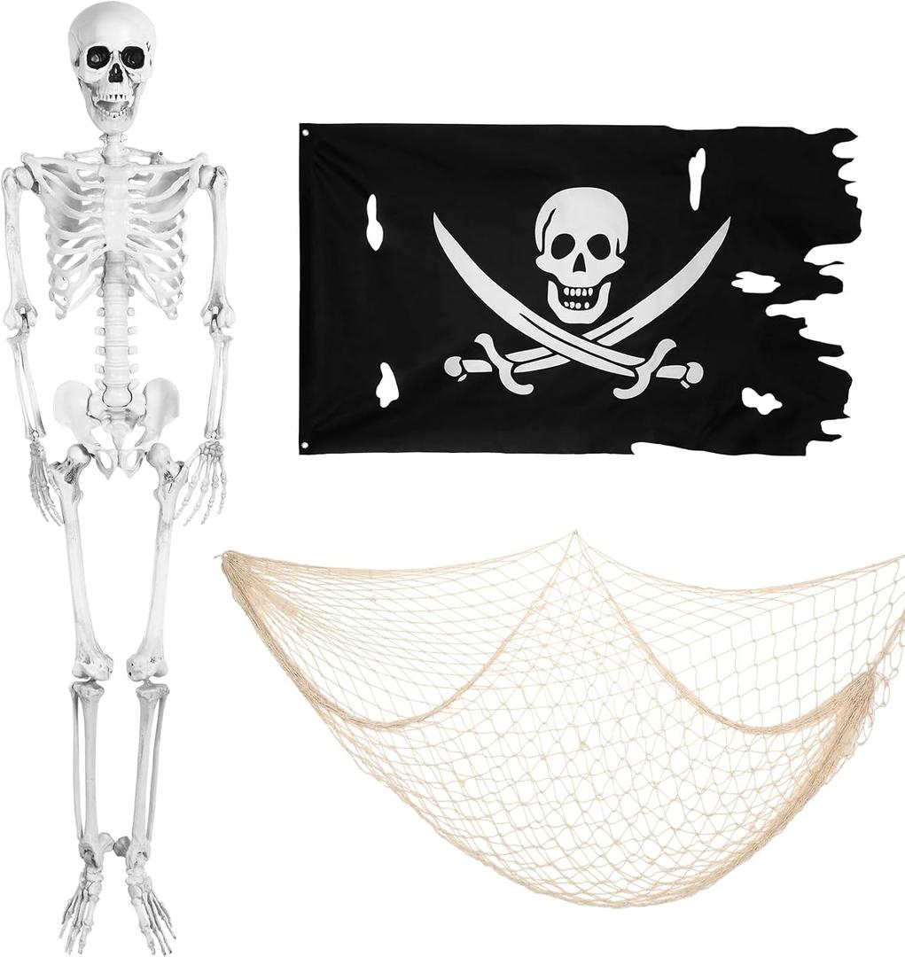 3 Pcs Halloween Skeleton with Pirate Flag and Fish Net, Car Trunk or Treat Decor, Party Favors for Indoor/Outdoor Use