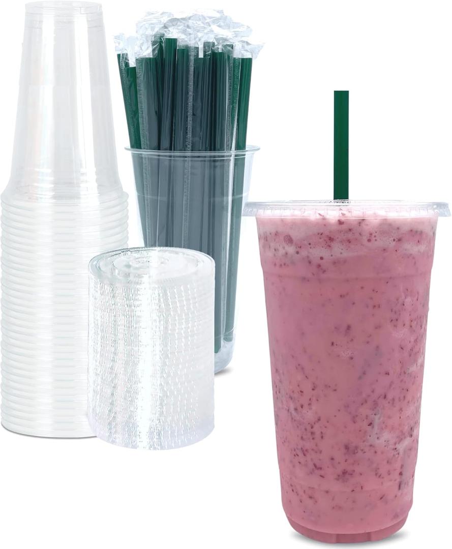 32 oz Clear Plastic Cups with Lids and STRAWS, Disposable Drinking Cups for Cold Drinks, Iced Coffee, Milkshakes, Smoothies, 25 Sets