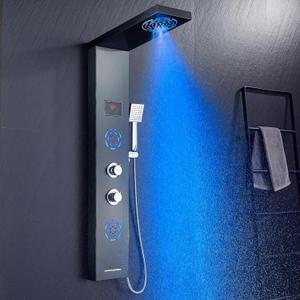 POPFLY Shower Panel Tower System with LED MIST & RAIN Shower Head, 2 Body Jets with LED, Tub Spout and Temperature Display, Water Powered Led Shower Tower Column Stainless Steel, Black