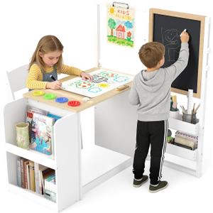 Frogprin 3 in 1 Kids Art Table and Chair, Art Easel for Kids, Toddler Craft Set, Wood Play Activity Desk with Adjustable Double-Sided Easel, Paper Roll, Storage Box, Book Shelves, 1048.11 square inches