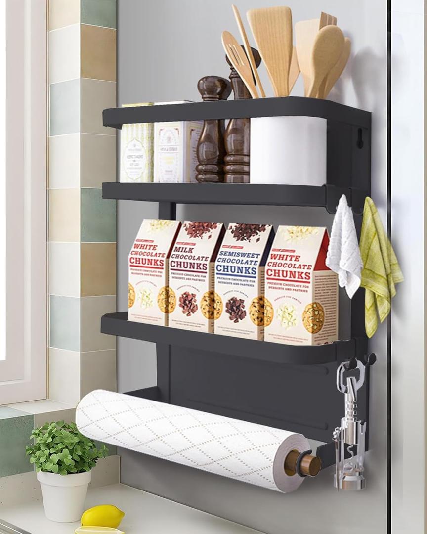 Refrigerator Shelf Organizer Magnetic Paper Towel Holder Kitchen Fridge Spice Rack Storage Spice Jars Holder(Black) (Medium)
