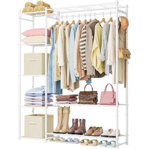Wardrobe Closet,Portable Clothes Rack with 4 Tiers Shelves,Freestanding Closet Organizers and Storage System with Hanging Rods,Steel Clothing Rack Suitable for Cloakrooms,Bedrooms,Entrances,etc.White