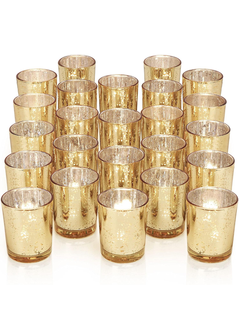 Gold Tea Lights Candles Holders for Wedding Centerpieces, Votive Candle Holders for Party Home Wedding Shower Decorations, Table - Mercury Glass Votives, 12Pcs