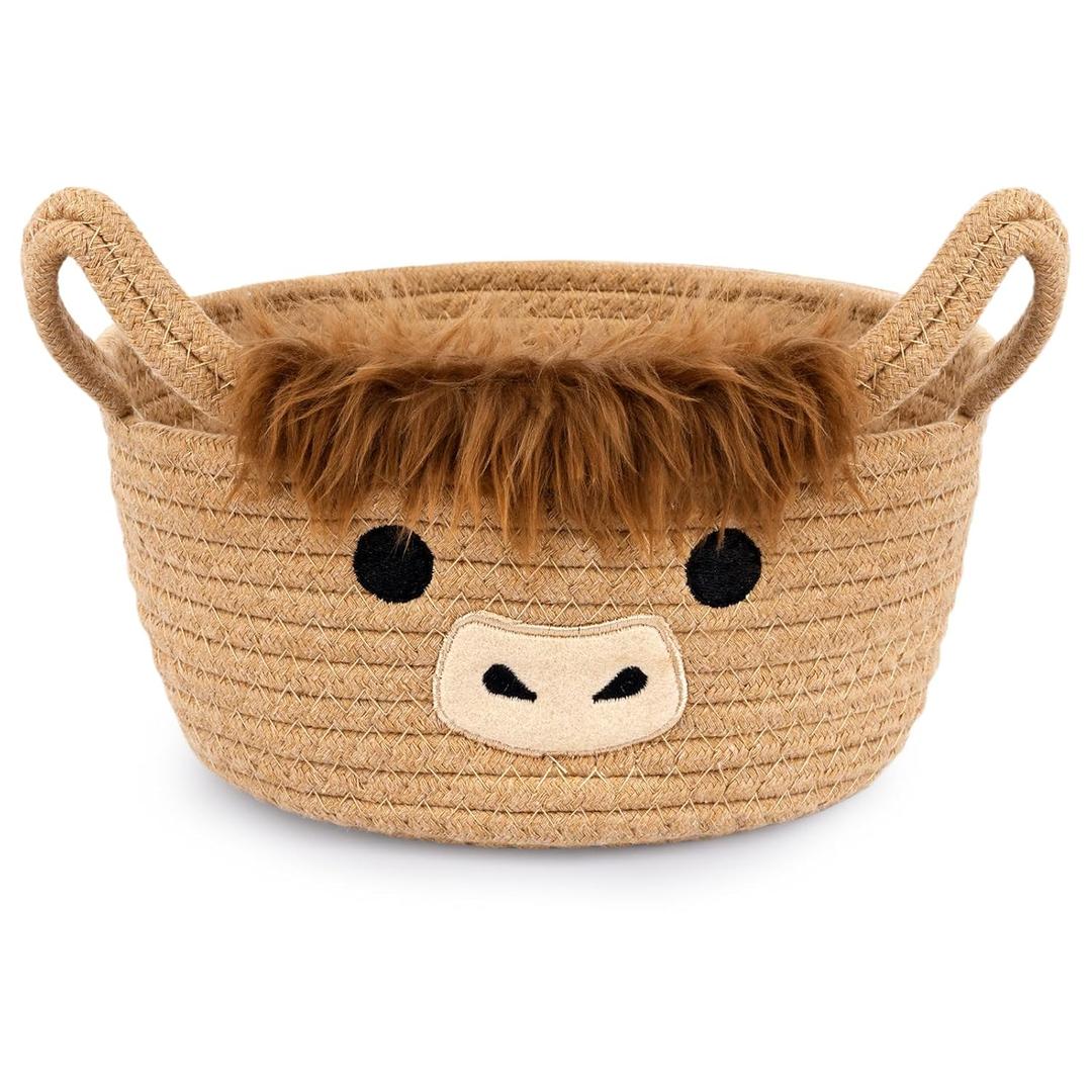 Highland Cute Cow Basket for Nursery, Small Shower Gift Basket, Round Woven Rope Cotton Storage, Baby Blanket 0rganizer with Ears Handles, Blanket Towel Decor Storage Bins, 10.7"D x 4.4"H in (Brown)