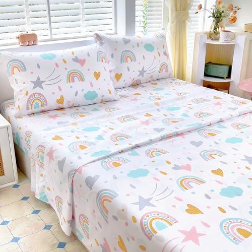 Homilay Full Sheet Set Kids - Sky Blue 4 Pieces Soft Microfiber Cartoon Style Bedsheets for Boys Girls Teens, Oeko TEX Breathable 15 Inch Deep Pocket Sheets(Rainbow)