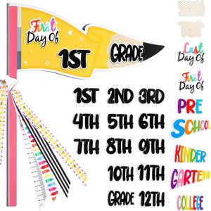 Hahafelt 25 Pcs Pencil Style First & Last Day of School Flag Kit with Ribbons Decoration Replaceable Reusable 15 Grades Photo Prop for Preschool to College Welcome Classroom Decoration