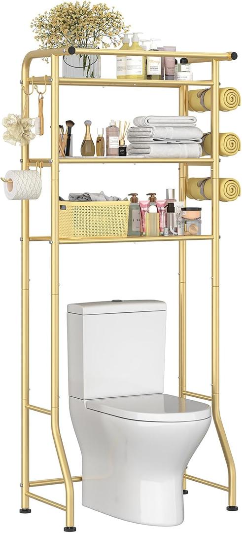 Simple Trending 3 Tier Over The Toilet Rack, Shelf Bathroom, Bathroom Stand Organizer Space Saver, Gold, 24.25''D x 13''W x 64''H