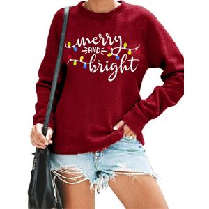 Christmas Sweatshirt Women Merry and Bright Christmas T-Shirt Funny Xmas Lights Blouse Tops Holiday Shirts (Large, Wine Red)