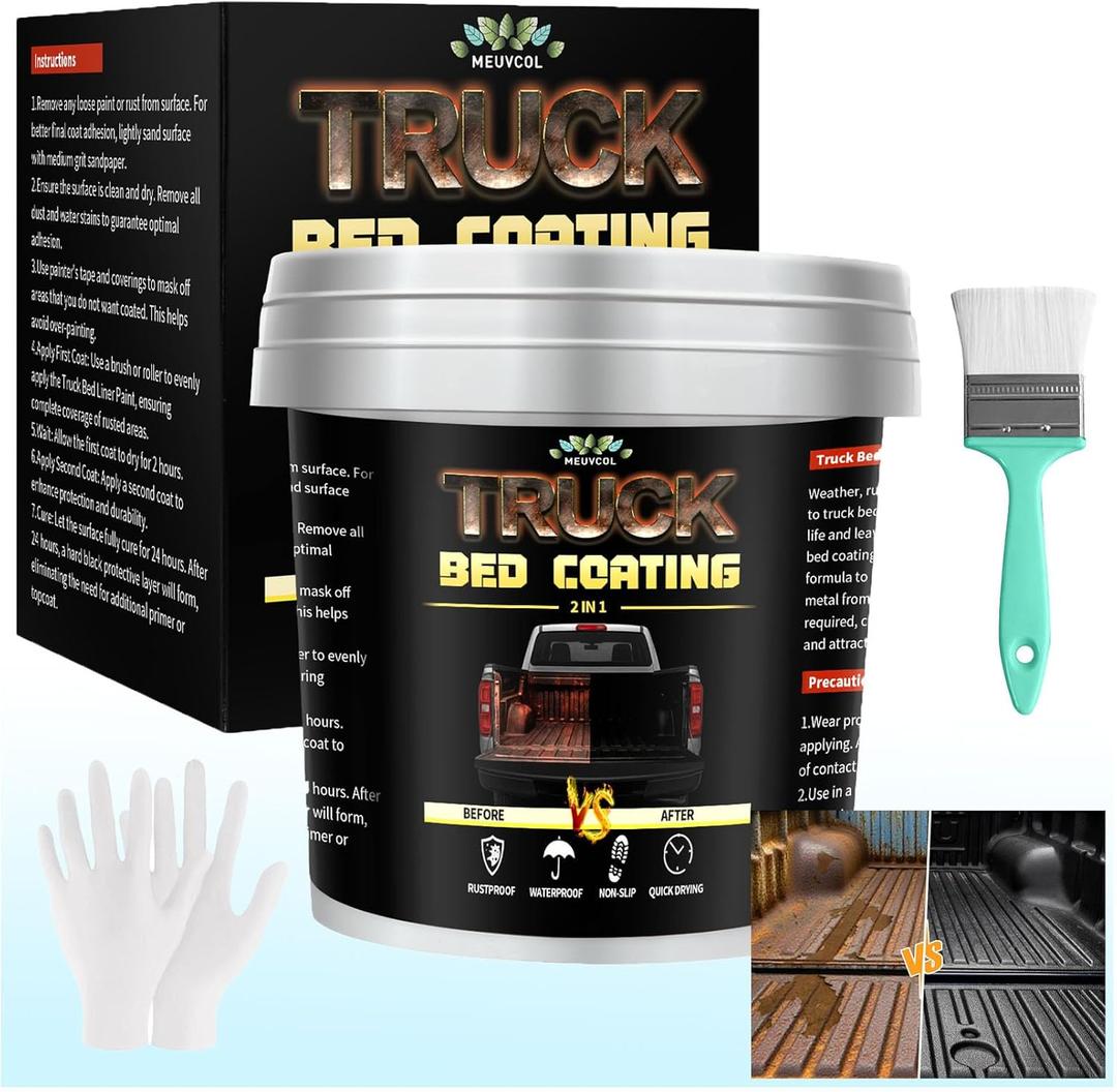 Truck Bed Liner Paint, 35 Floz Black Truck Bed Coating Kit For Truck Bed, Trailer, Rust Resistant Roll On Bed Liner Coating With Brush & Gloves,Easy Application & Long-Lasting Textured Paint
