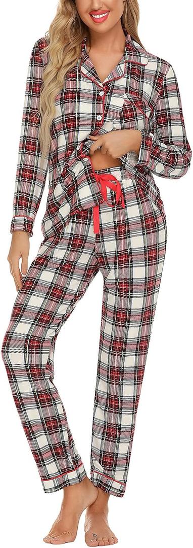 Anjue Button Up Pajamas for Women Long Sleeve Shirt and Pajama Pants Lounge Sets S-XXL (Red, M)