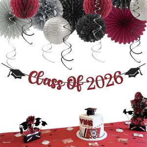 2 x 2026 Class Graduation Party-Decorations Banner-Streamers - 21pcs Burgundy Black Silver Congratulations Grad Backdrop Decor,Tassel Garland,Tissue Pom Poms Honeycomb,Paper Lantern Fans Hugtmr