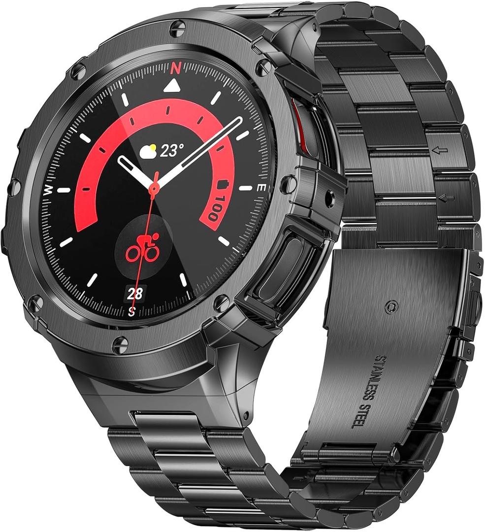 SUPLINK Stainless Steel Case and Band Compatible with Samsung Galaxy Watch 4 Bands 44mm/ Galaxy Watch 5 Bands 44mm,Solid Metal Protector Cover Strap for Men,Space Grey