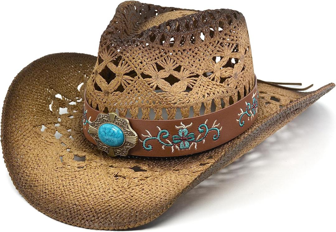 Cowgirl Hats for Women Straw Cowboy Hat Western Beach Sun Hat with Shapeable Brim for Coastal Cowgirl (6 5/8-7 1/2, Pecan Brown)