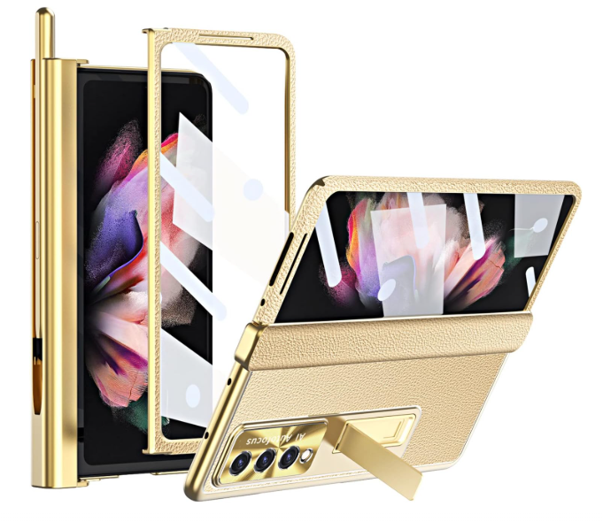 Z Fold 4 Case for Samsung Galaxy Z Fold 4 5G, 4-in-1 Luxury Leather Magnetic Hinge Protection Built-in S Pen Holder and Camera Protection (Gold)