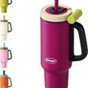 Tumbler with Handle,36 oz Ceramic Lined Travel Mug Water Bottle with Straw,Vacuum Insulated Stainless Steel Cup with Lid,Fits Cup Holder, Leak Resistant Press-in Lid, Purple (Fuchsia Berry Purple)