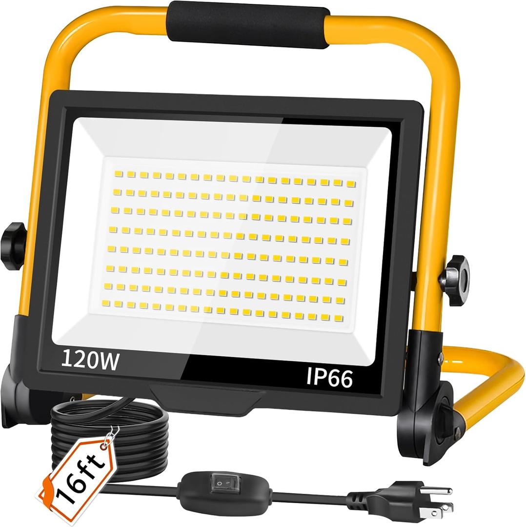 14400LM LED Work Light, 120W Flood Light with 16FT Cord & Switch, Portable Worklight with Stand, 5000K IP66 Waterproof Construction Lighting for Job Site Repairing Workshop Garage