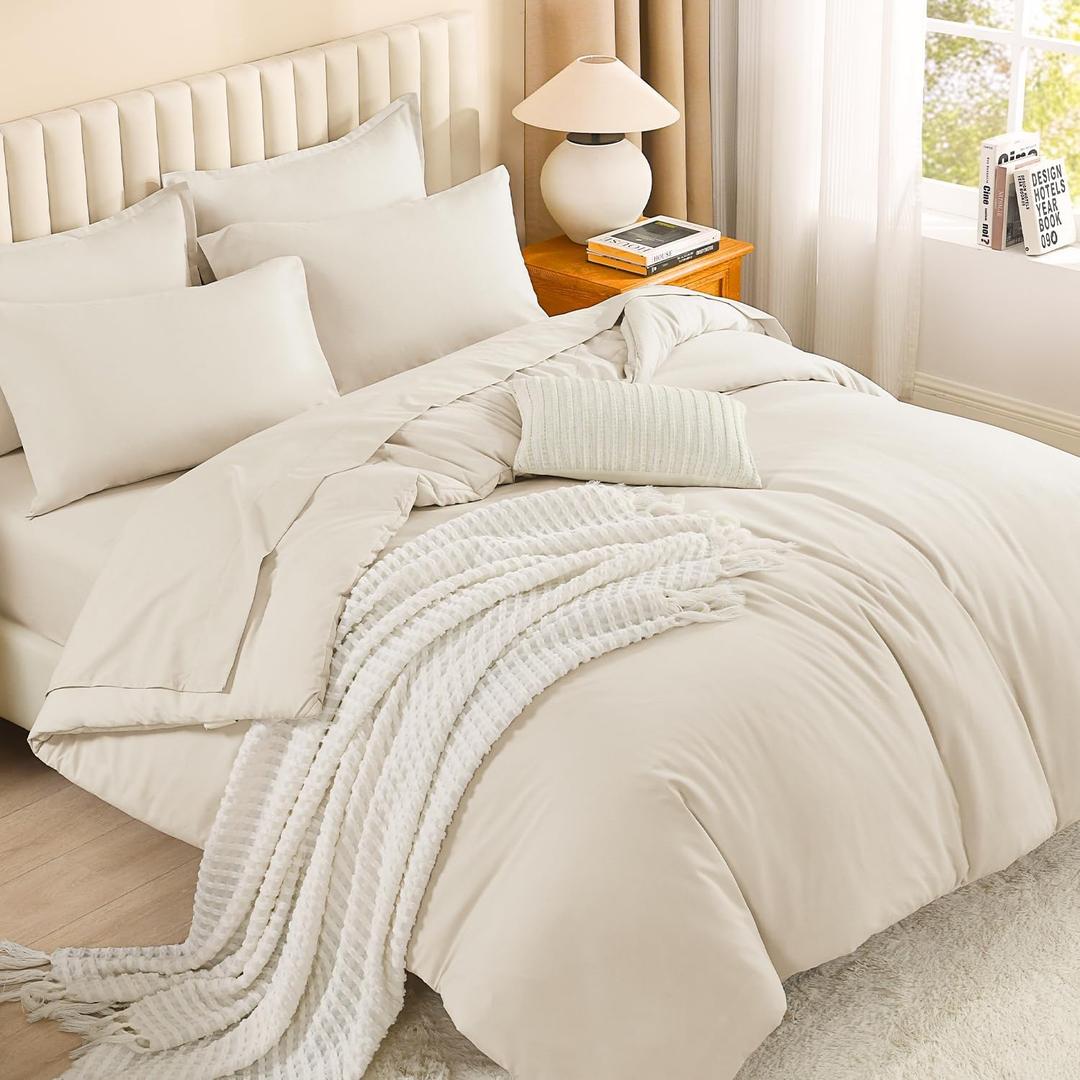 Litanika Bed in a Bag Queen Beige - 7 Pieces Queen Comforter Set Bedding Comforter Sets, Solid Fluffy Bed Set with Comforter, Sheets, Pillowcases & Shams