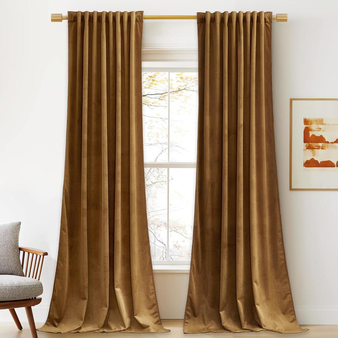 StangH Gold Brown Velvet Curtains 96 inches Long for Living Room, Luxury Back Tab Heavy Blackout Thermal Insulated Privacy Window Drapes for Bedroom/Sliding Door/Hall, W52 x L96, 2 Panels