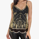 Vijiv Women's 1920s Inspired Beaded Sequin Top Shimmer Glitter Blouse V Neck Tank Top Formal Gatsby Shirt , Size 4-6