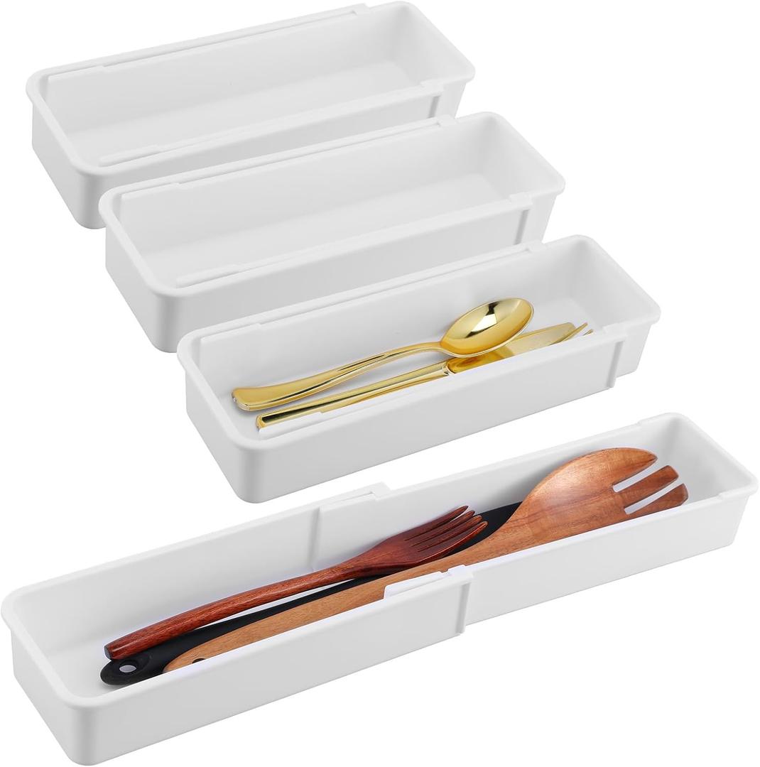 4 PCS Expandable Drawer Organizer, Adjustable Drawer Organizer Trays, Drawers Dividers Organizers and Storage For Office Supplies, Pens, Makeup,Utensils, Tools, Flatware and Junks, White