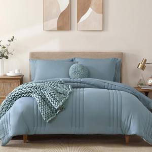 Monbix Queen Comforter Set - 7 Pieces Dusty Blue Bed in a Bag Queen Bedding Sets with Comforters, All Seasons Comforter Bed Set with Sheets, Pillowcases & Shams