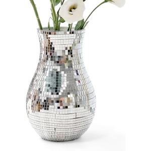 8.7" Disco Ball Flower Vase - Silver Mirrored Mosaic Vase for Centerpieces, Retro 70s Party Decor, Unique Funky Reflective Floral Container for Home, Wedding & Living Room Aesthetics