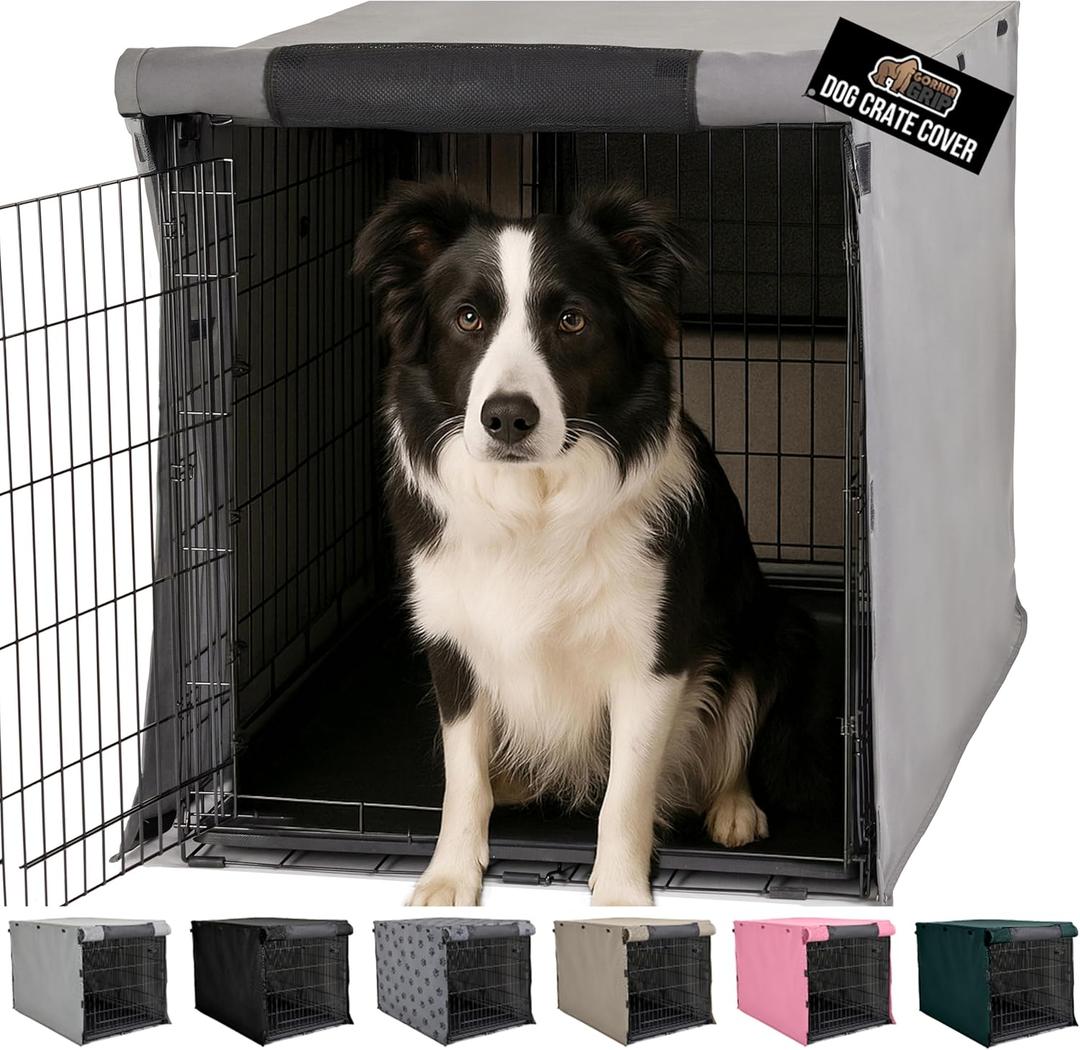 GORILLA GRIP Dog Crate Covers Compatible with Amazon Basics Dog Crates, All Sides Open, Privacy Cover Fits 36" Wire Kennel, Breathable Mesh Windows, Light Reducing Puppy Training Cage Topper, Gray (36" x 23" x 25")