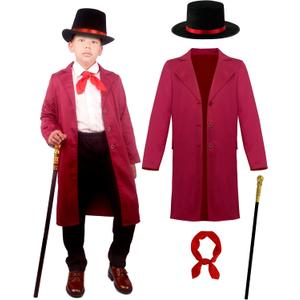 Kids Chocolate Factory Owner Costume Boys Classic Comedy Cosplay 4 Pcs Set for Halloween 3-12y (5-6years, Red)
