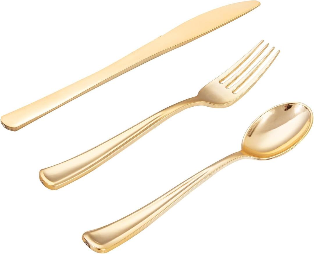 WDF 500PCS Gold Plastic Silverware Set Disposable - Gold Cutlery Set Plastic - 250Forks, 125 Spoons, 125 Knives for Party Baby Shower Wedding Spring